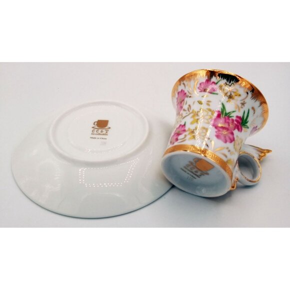 CC & T Porcelain Tea Cup Saucer Set With Pink Floral Design and Gold Accents - Picture 10 of 11